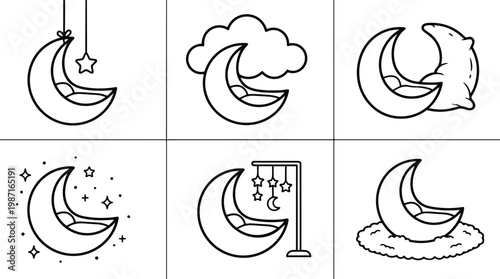 Minimalist vector moon nursery icons set showing crescent moon variations with cloud pillow stars hanging close up line art for coloring book pages kids bedtime illustrations
