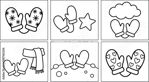 Minimalist vector coloring book mittens set six panels winter mittens outlines children close up art view pair connected string star hearts scarf cloud snowy background strokes