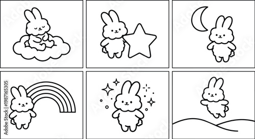 Cute line art bunny panels set for coloring book featuring six scenes close up bunny holding star sitting on cloud moon rainbow sparkles jumping landscape outlines