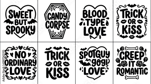 Black and white spooky love phrases with bats hearts and roses vector art