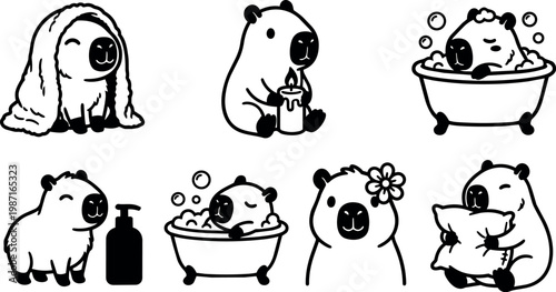 Black and white capybara characters with bath towels bubbles candle and pillow vector art
