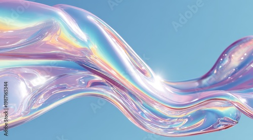 Abstract iridescent fluid wave shimmering with pastel rainbow colors against a soft blue background with subtle sparkling highlights and a sense of flowing motion a beautiful ethereal design with
