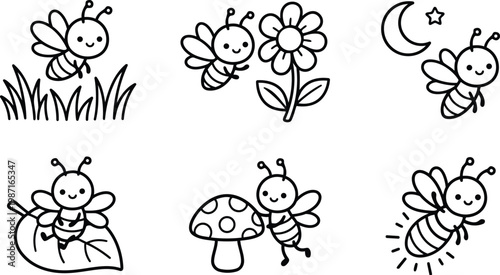 Cute bee coloring book vector set six simple outline scenes smiling bees on flowers leaves mushroom grass moon for kids coloring pages bold lines friendly joyful