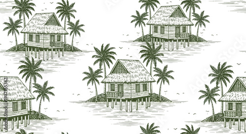 Tropical houses with palm trees on stilts over water in a serene landscape scene