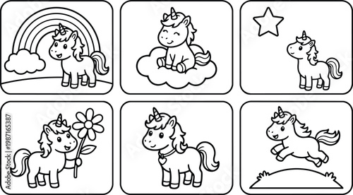 Coloring book vector art close up cute unicorns in six rounded panels rainbow cloud flower star jumping pony sitting on cloud simple line art outline pages