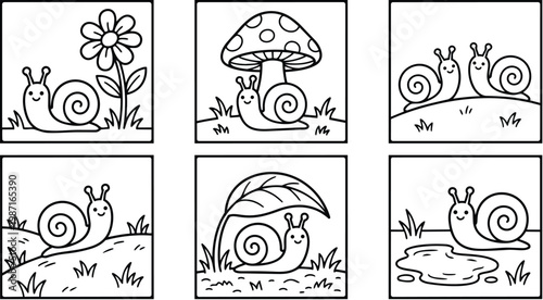 Cute snail coloring book page set six square scenes close up smiling snails under mushroom flower leaf puddle simple line art for kids playful easy outline