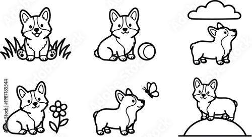 Cute line art corgi puppy set for coloring book pages with six simple scenes sitting playing standing sniffing hill flower playful outline grass butterfly ball smiling
