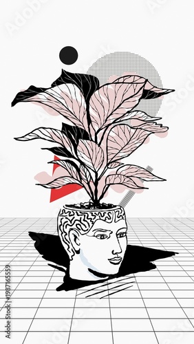 Surreal Illustration of Artistic Human Head Pot with Lush Plant Growth