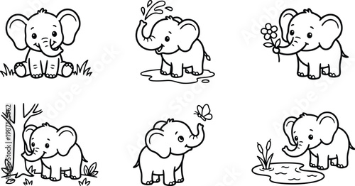 Cute vector coloring book pages set close up baby elephant lineup six scenes sitting spraying water holding flower near tree pond simple outline art for kids