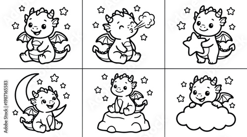 Cute baby dragon vector art sitting holding star and cloud scenes coloring books page set for kids bedtime playful wings horns smiling outline simple bold lines
