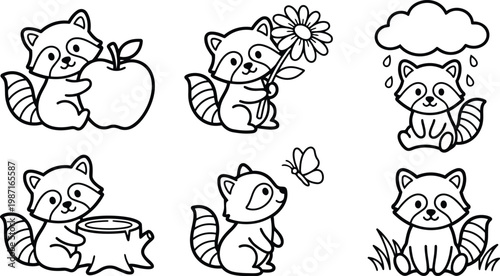 Cute raccoon coloring book page set six outline characters hugging apple holding flower sitting in rain on stump watching butterfly sitting in grass with bold outlines