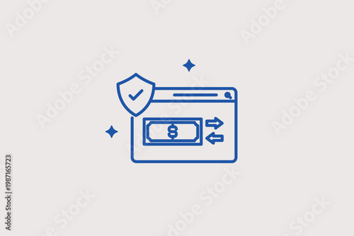 Browser window displaying currency symbols and a shield for secure online banking. Modern Vector Illustration and line icon is ideal for fintech, e-commerce, and safe transaction gateways.