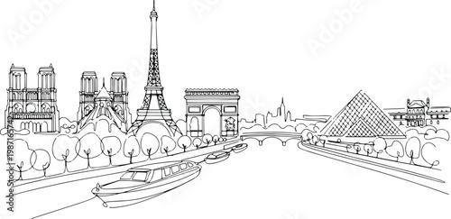 Continuous single line drawing of Paris skyline, France iconic city landmark outline
