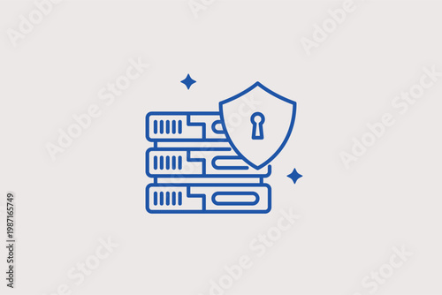 Stacked server database protected by a shield for enterprise data safety. Sturdy Vector Illustration and line icon is ideal for hosting security, data centers, and corporate infrastructure.