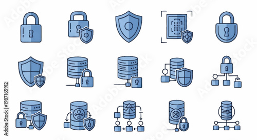 Cybersecurity Icons Representing Data Protection and Network Security.