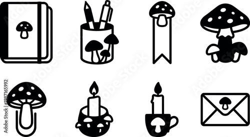 Black and white mushroom icons including notebook pen holder candle and envelope