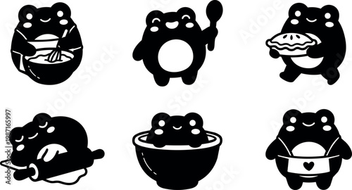 Black and white line art cute frog baking and cooking with rolling pin and pie