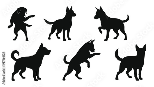 A collection of black silhouette illustrations depicting various dog poses and breeds