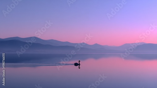 Solitary whooper swan gliding across calm northern lake at dusk, surrounded by pastel hues and gentle mountains reflecting in the serene water
