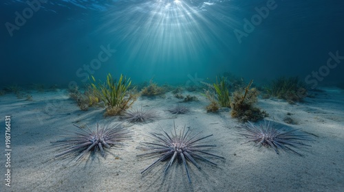 Underwater photography of sea urchins on sandy seabed with sparse algae and soft diffused light, showcasing marine biodiversity in a tranquil marine environment