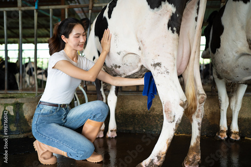 фотографія Farmer woman cleaning cow's milk in farm