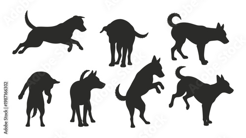 Silhouettes of playful dogs in various active poses against a white background