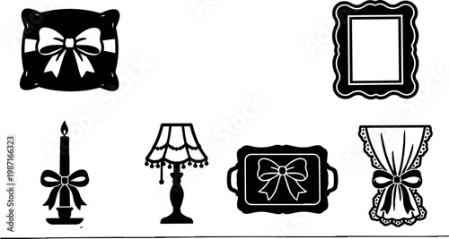 Black and white candle pillow lamp curtain bow frame home decor vector art
