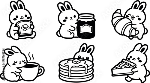 Cute black and white line art bunny eating breakfast foods with coffee and pancakes