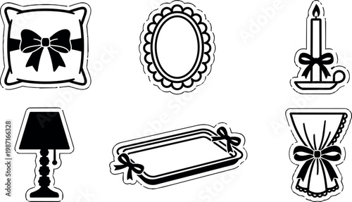 Black and white ribbon tied pillow mirror candle lamp tray and curtain icons