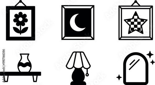 Black and white wall decor moon star flower vase lamp mirror icons