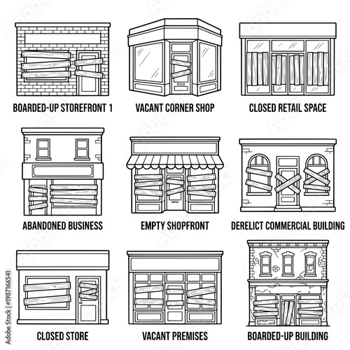 Collection of BoardedUp Storefronts and Abandoned Commercial Buildings.