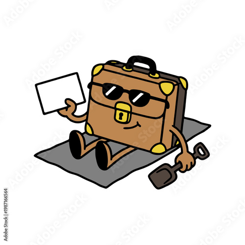 Cartoon briefcase character relaxing on a beach towel with a shovel