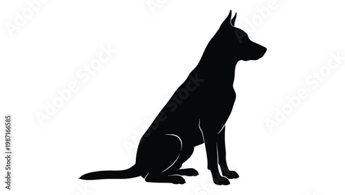 A black silhouette of a german shepherd dog sitting in profile against a white background