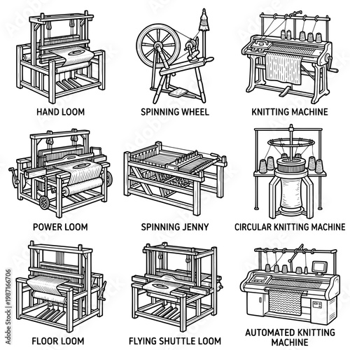 Collection of Hand Looms Spinning Wheels and Knitting Machines.