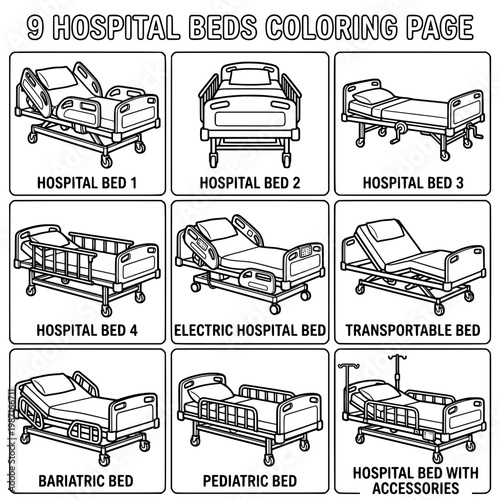 Collection of Nine Hospital Beds Coloring Page for Healthcare.
