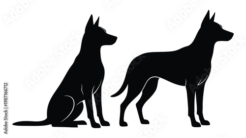 Two black silhouettes of dogs one sitting and one standing in profile