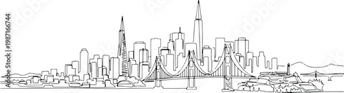 Continuous single line drawing of San Francisco skyline, USA city landmark outline