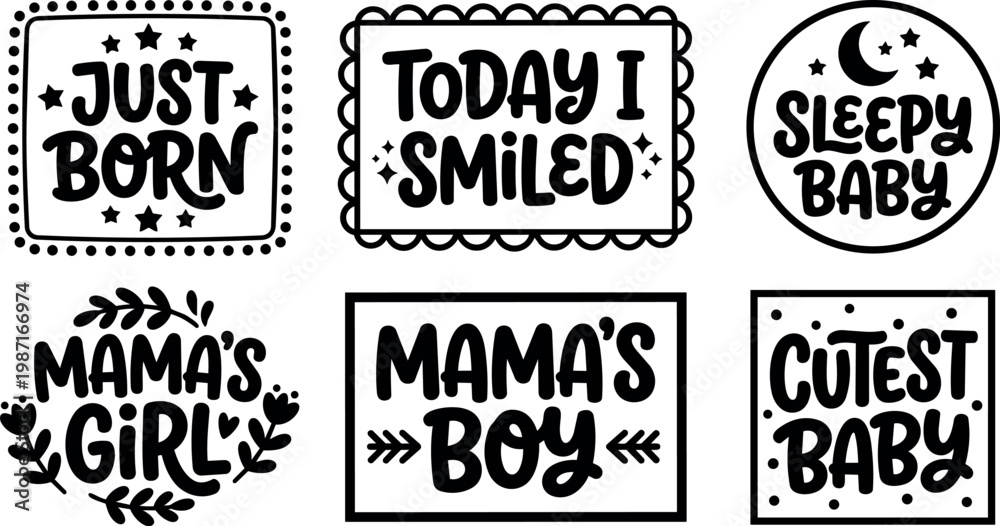 Naklejka premium Black and white baby milestone phrases with decorative frames and floral accents vector art