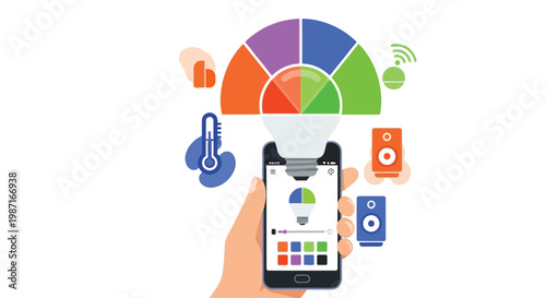 A hand holding a smartphone with a smart home control app on the screen surrounded by various smart devices and icons