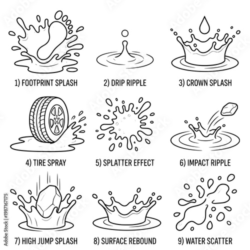 Illustrative Black and White Water Splash and Ripple Collection.