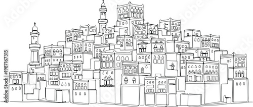 Continuous single line drawing of Sana'a skyline, Yemen historic city landmark outline