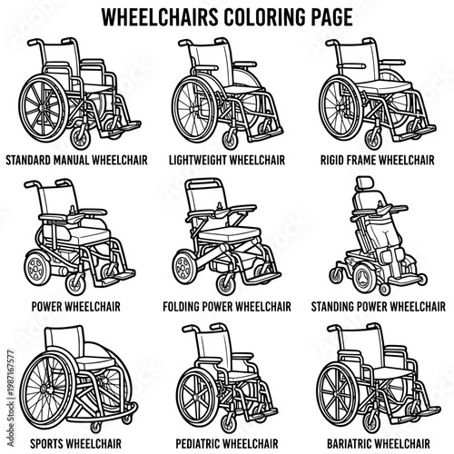 Various Wheelchair Types Illustrated in Black and White for Coloring.