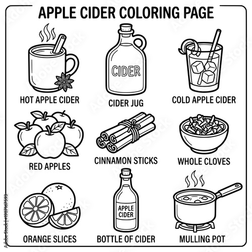 Apple Cider Coloring Page Featuring Various Fall Elements.