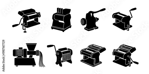 Pasta machine silhouette set, vintage manual noodle maker icons, collection of 8 black kitchen appliance vectors for culinary design