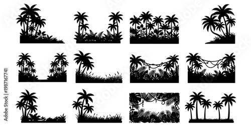 Tropical palm tree silhouettes, 12 jungle landscape borders and frames, black exotic plant vector set for summer vacation and beach designs