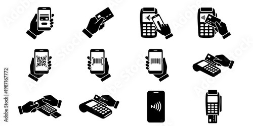 Contactless payment icons set, mobile wallet and credit card transaction symbols, 12 vector black silhouettes for retail and banking apps