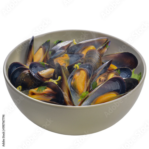 Bowl of Mussels SeafoodSeafood bowl cooked mussels in a ceramic dish isolated PNG on transparent background medium, menu illustration for seafood restaurants and fine dining guides