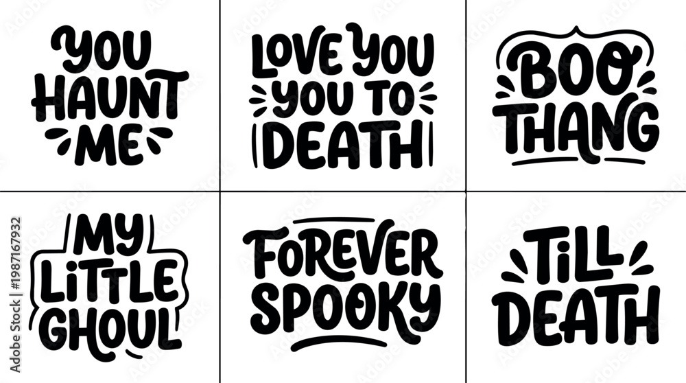 Obraz premium Black and white spooky halloween phrase lettering set in six panels