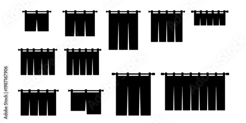 Japanese noren curtain silhouette set, traditional fabric door dividers for shop entrance, 11 black textile banner icons for restaurant decor