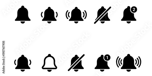 Notification bell icon set, 10 black minimalist alarm and alert symbols, ringing bell vector elements for mobile app interface and web design